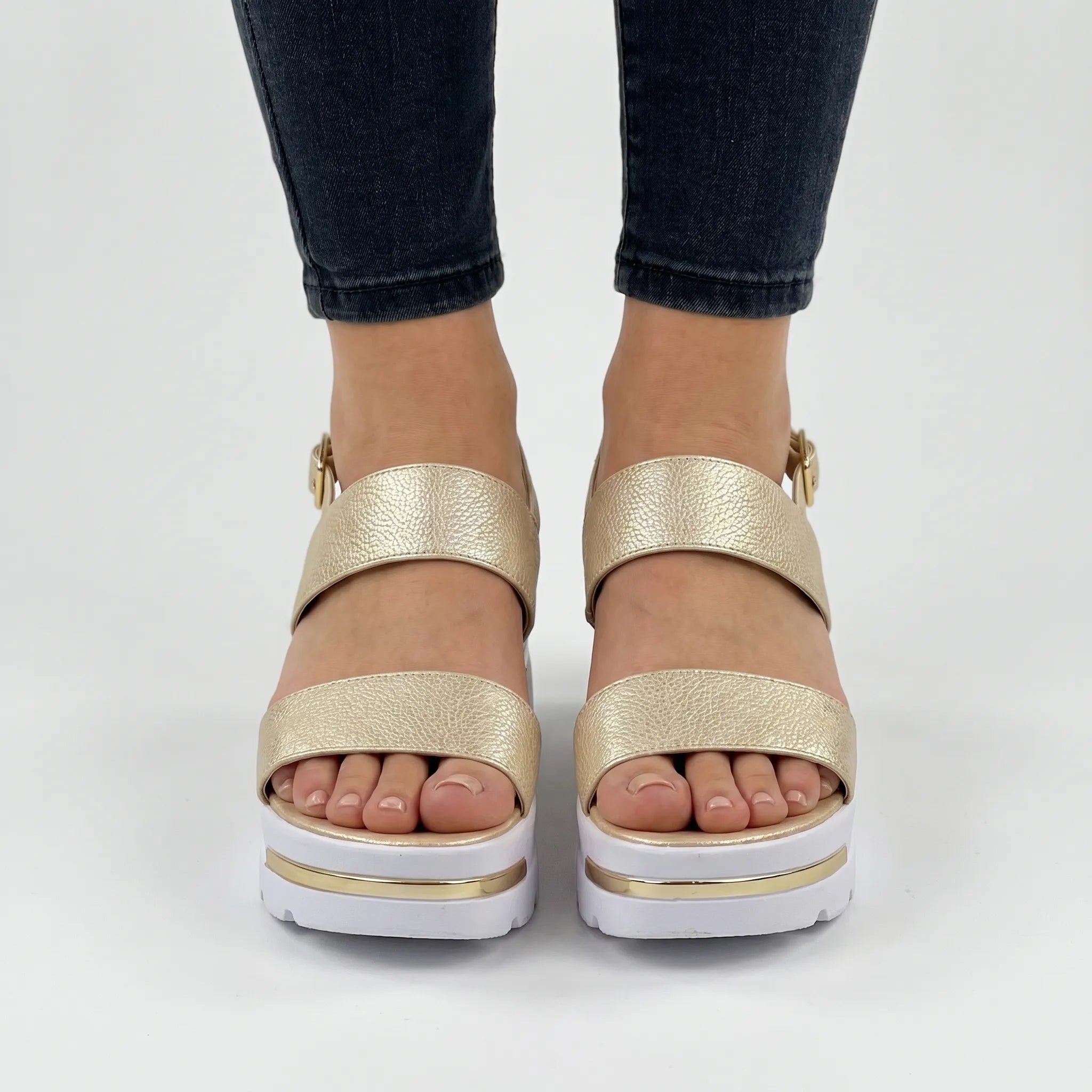 Chunky plateau wedge sandal with wide textured straps and open toe