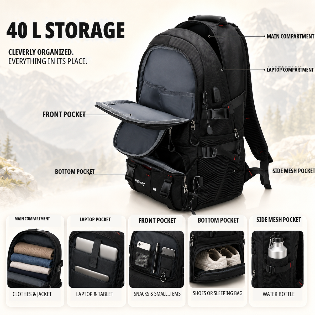 Celrien | BergTrail Pro 40L Hiking Backpack with USB Charging Port