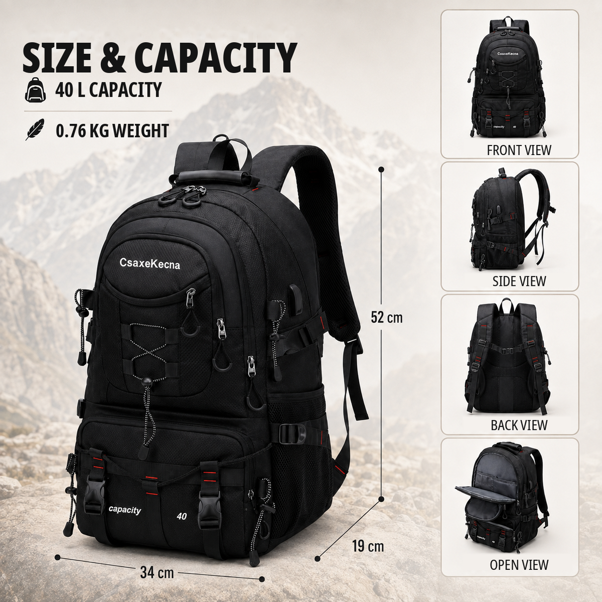 Celrien | BergTrail Pro 40L Hiking Backpack with USB Charging Port