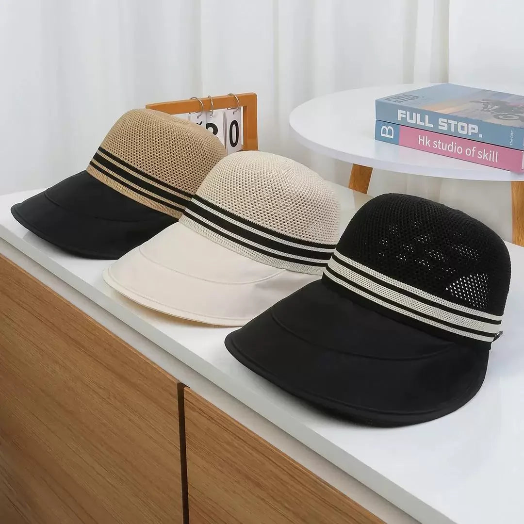 Women's wide brim summer hat with breathable knitted crown and adjustable fit