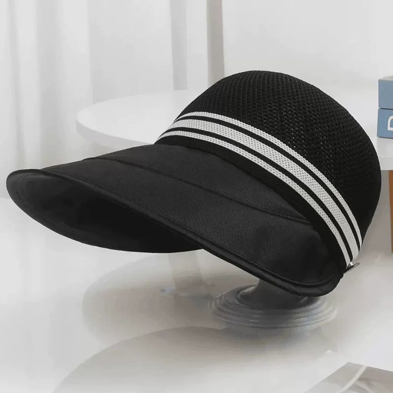 Women's wide brim summer hat with breathable knitted crown and adjustable fit