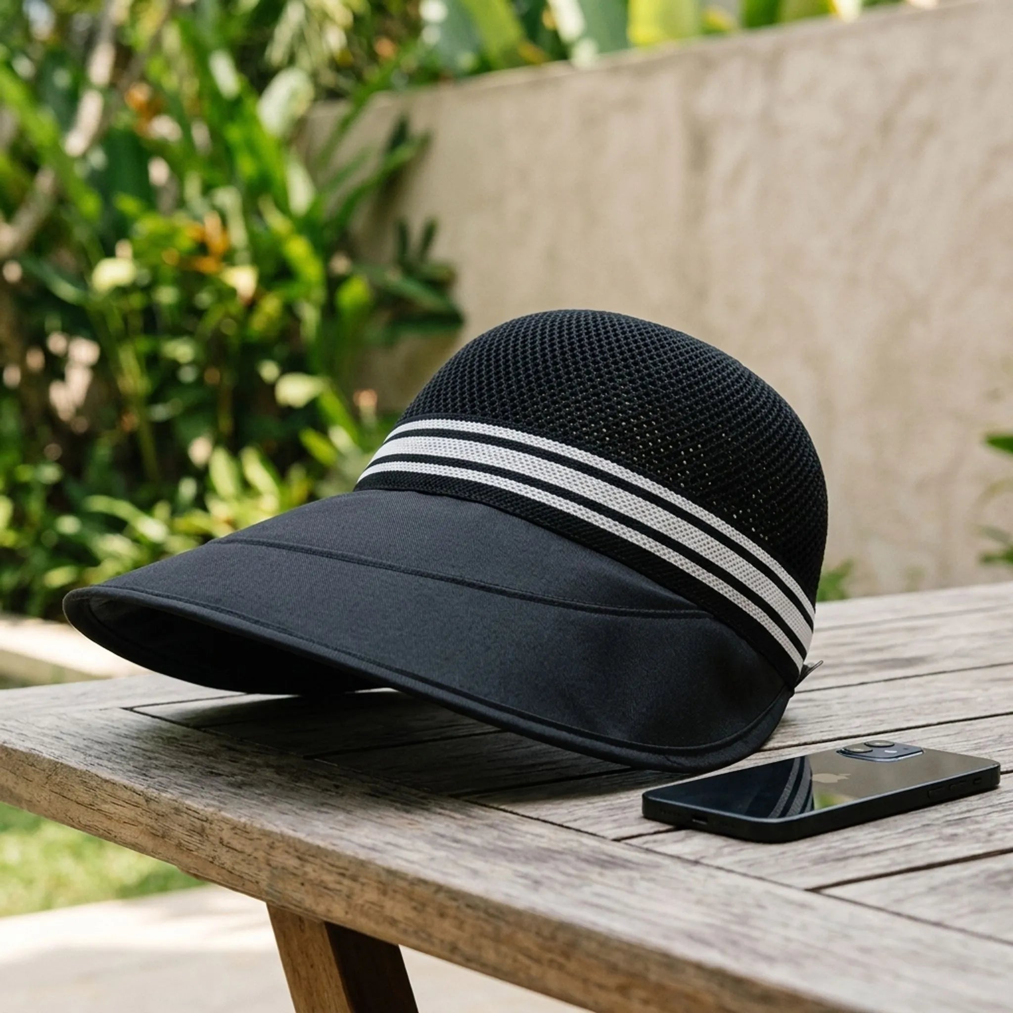 Women's wide brim summer hat with breathable knitted crown and adjustable fit
