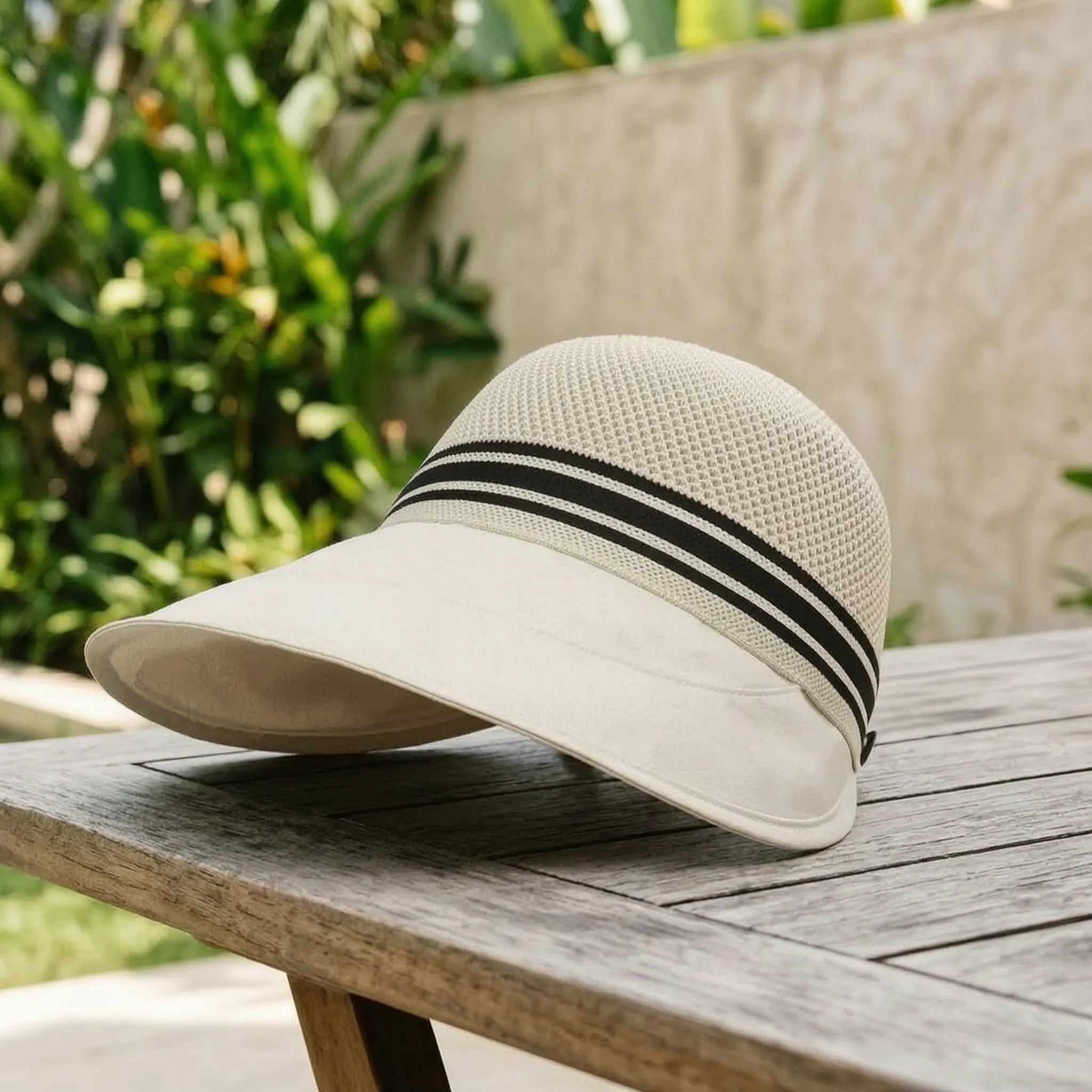 Women's wide brim summer hat with breathable knitted crown and adjustable fit