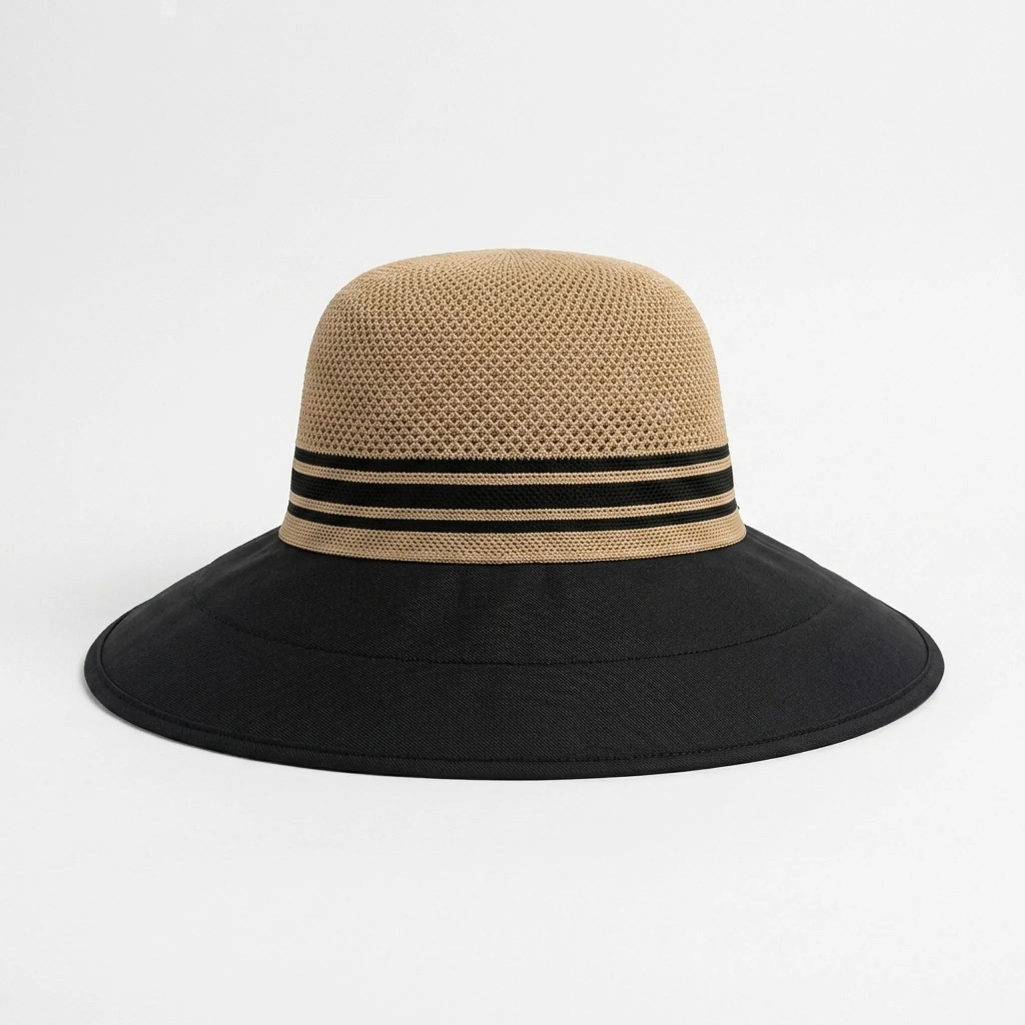 Women's wide brim summer hat with breathable knitted crown and adjustable fit