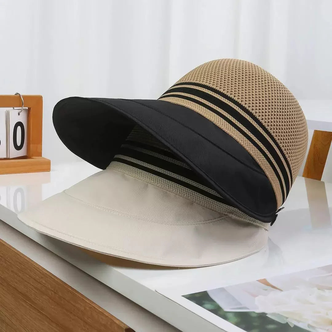 Women's wide brim summer hat with breathable knitted crown and adjustable fit