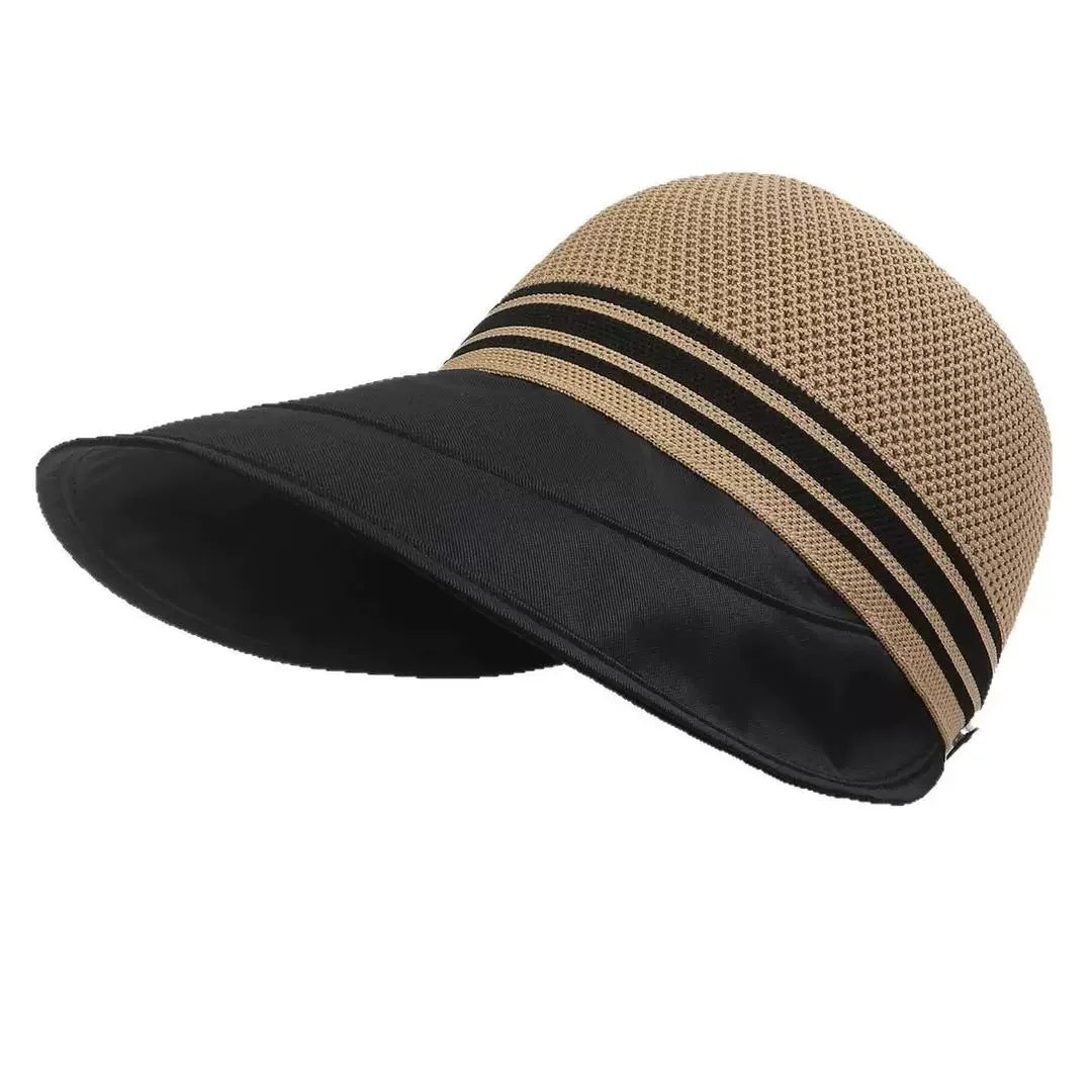 Women's wide brim summer hat with breathable knitted crown and adjustable fit