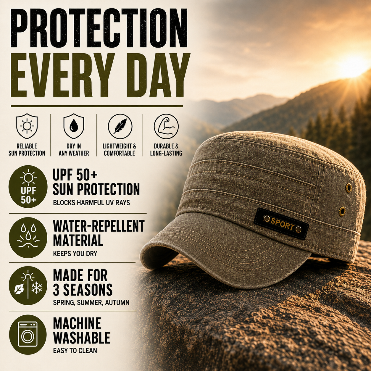 Celrien | Brimfeld Flat Top Military-Style Sun Cap