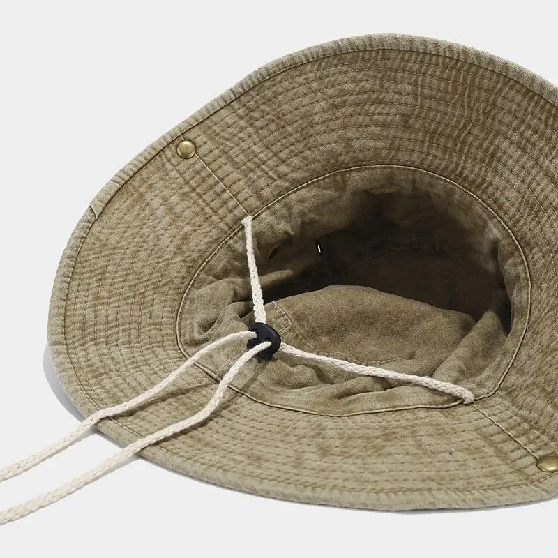 Unisex bucket hat with wide brim and flat top design for all-season outdoor wear