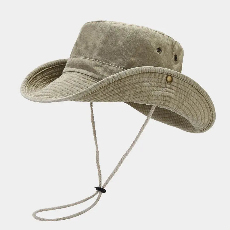 Wide brim outdoor fisherman hat with adjustable chin strap and ventilation