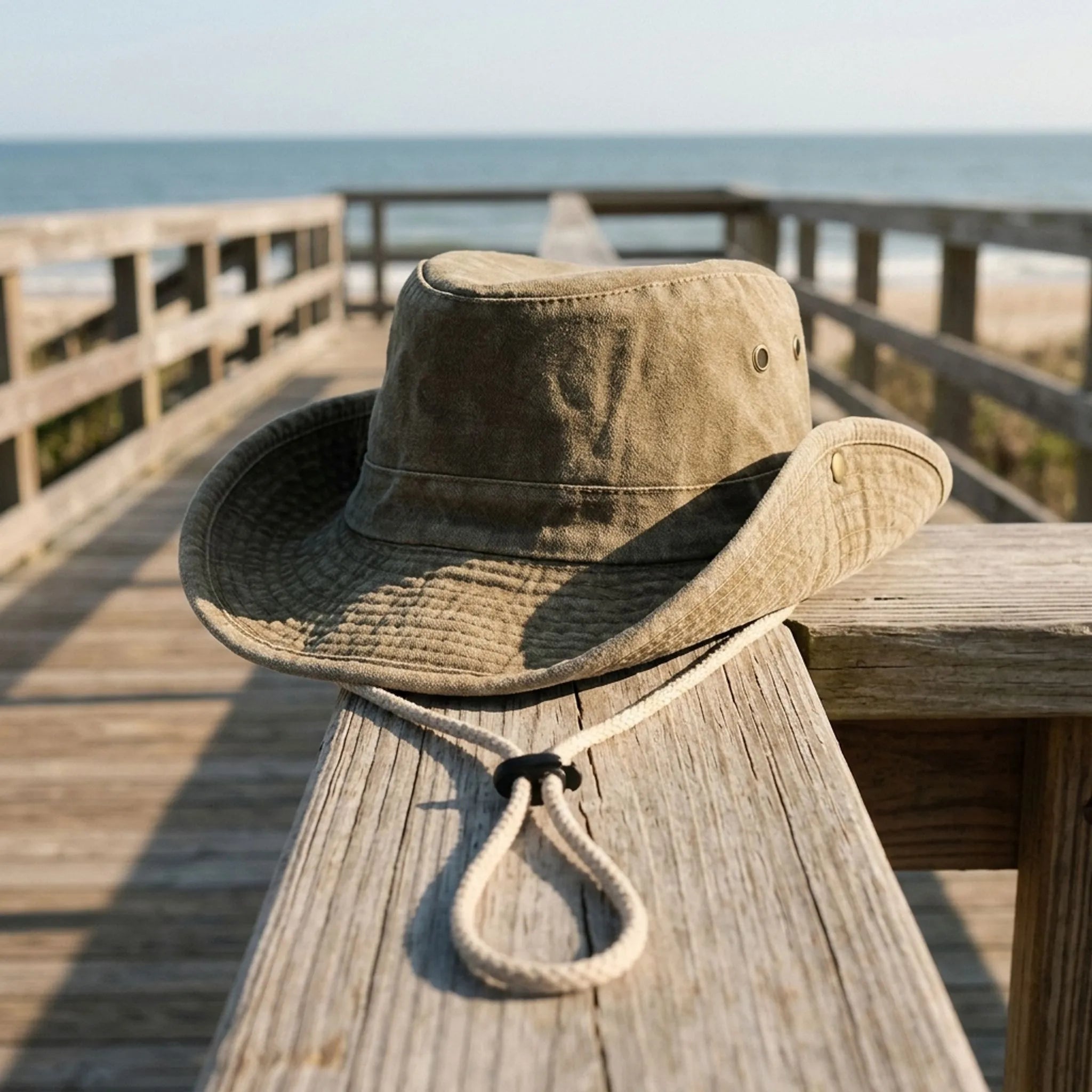 Wide brim outdoor fisherman hat with adjustable chin strap and ventilation