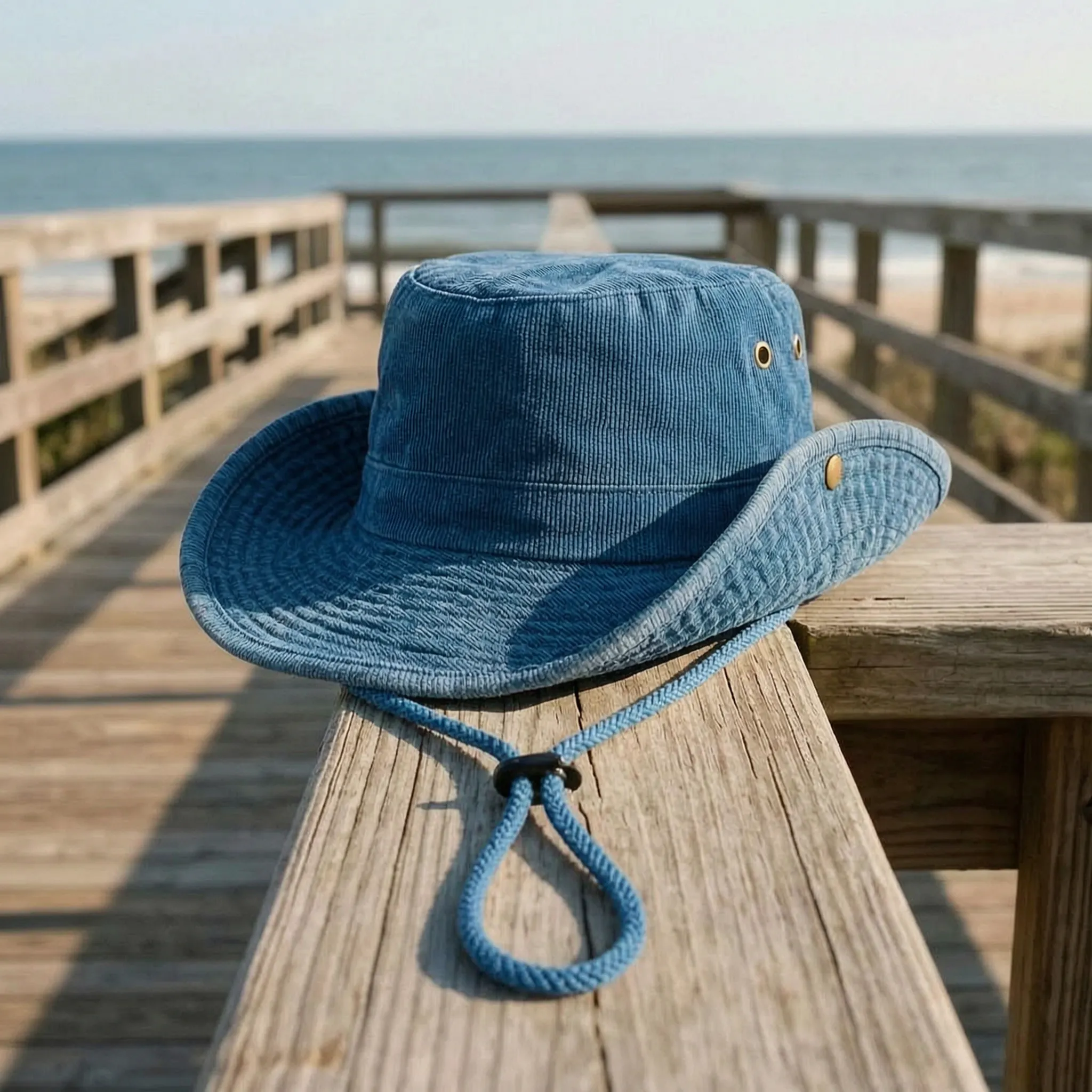 Wide brim outdoor fisherman hat with adjustable chin strap and ventilation