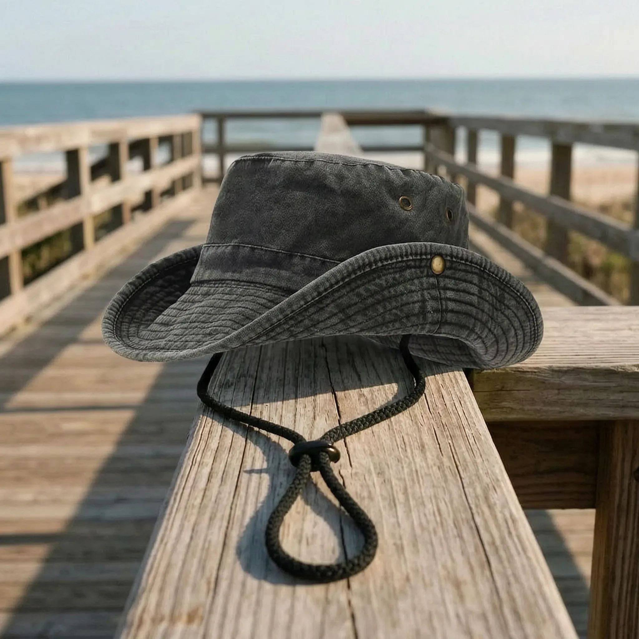 Wide brim outdoor fisherman hat with adjustable chin strap and ventilation