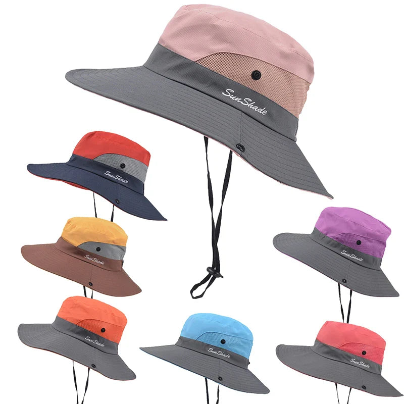 Wide-brim foldable sun hat with mesh panels and adjustable chin cord
