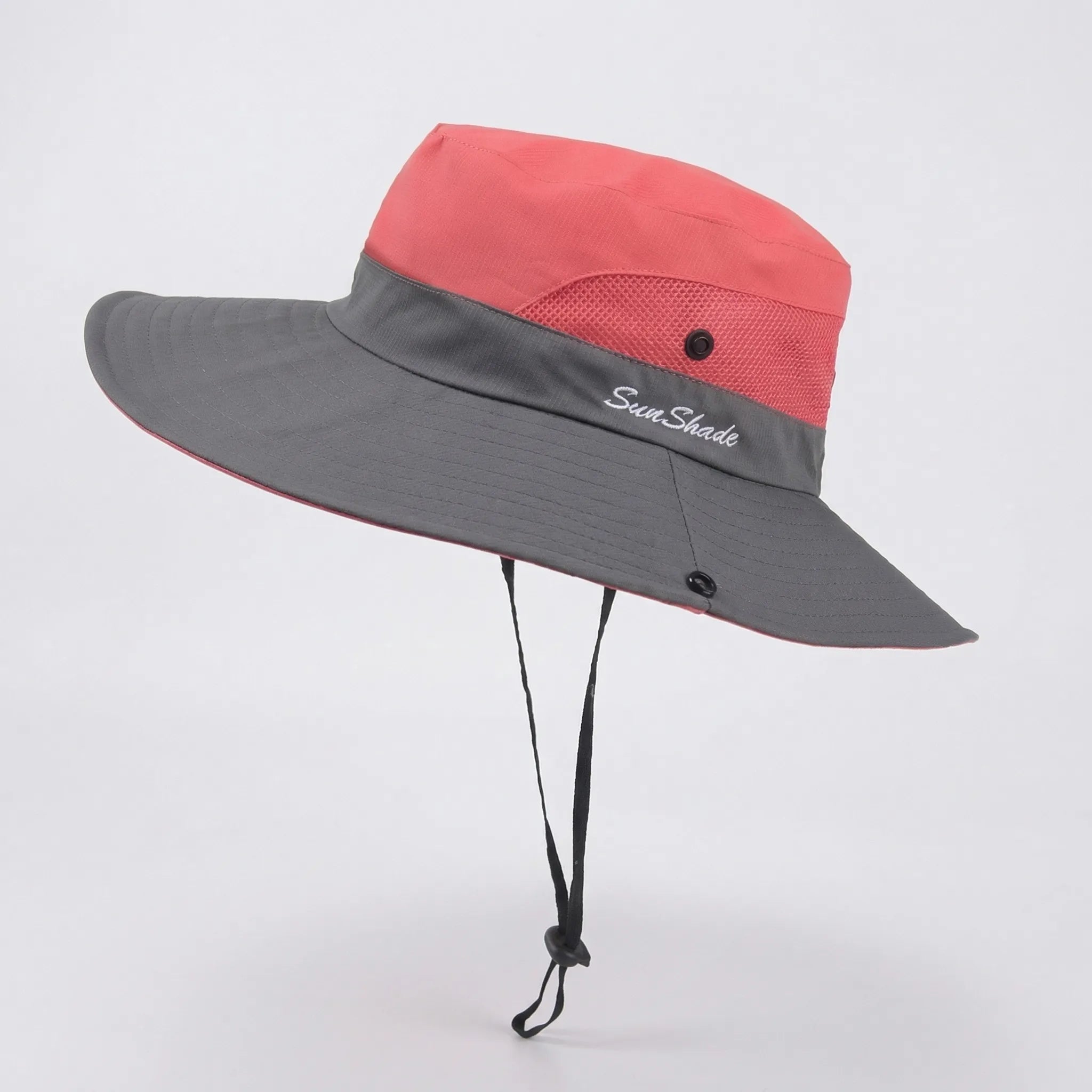 Wide-brim foldable sun hat with mesh panels and adjustable chin cord
