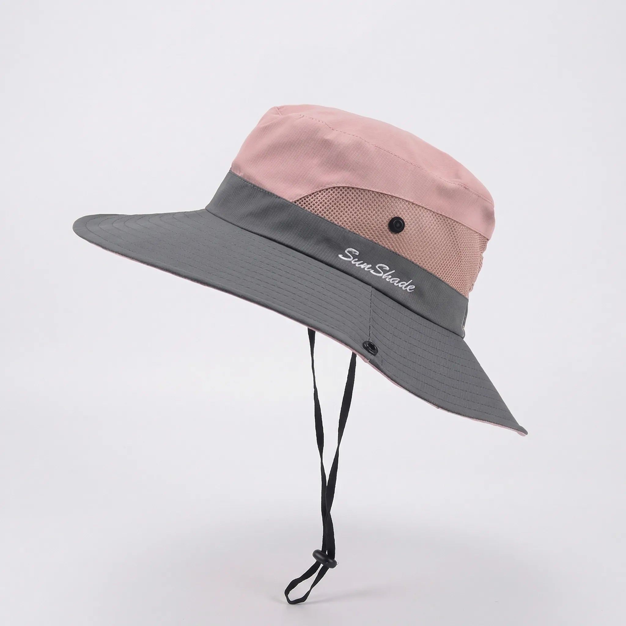 Wide-brim foldable sun hat with mesh panels and adjustable chin cord