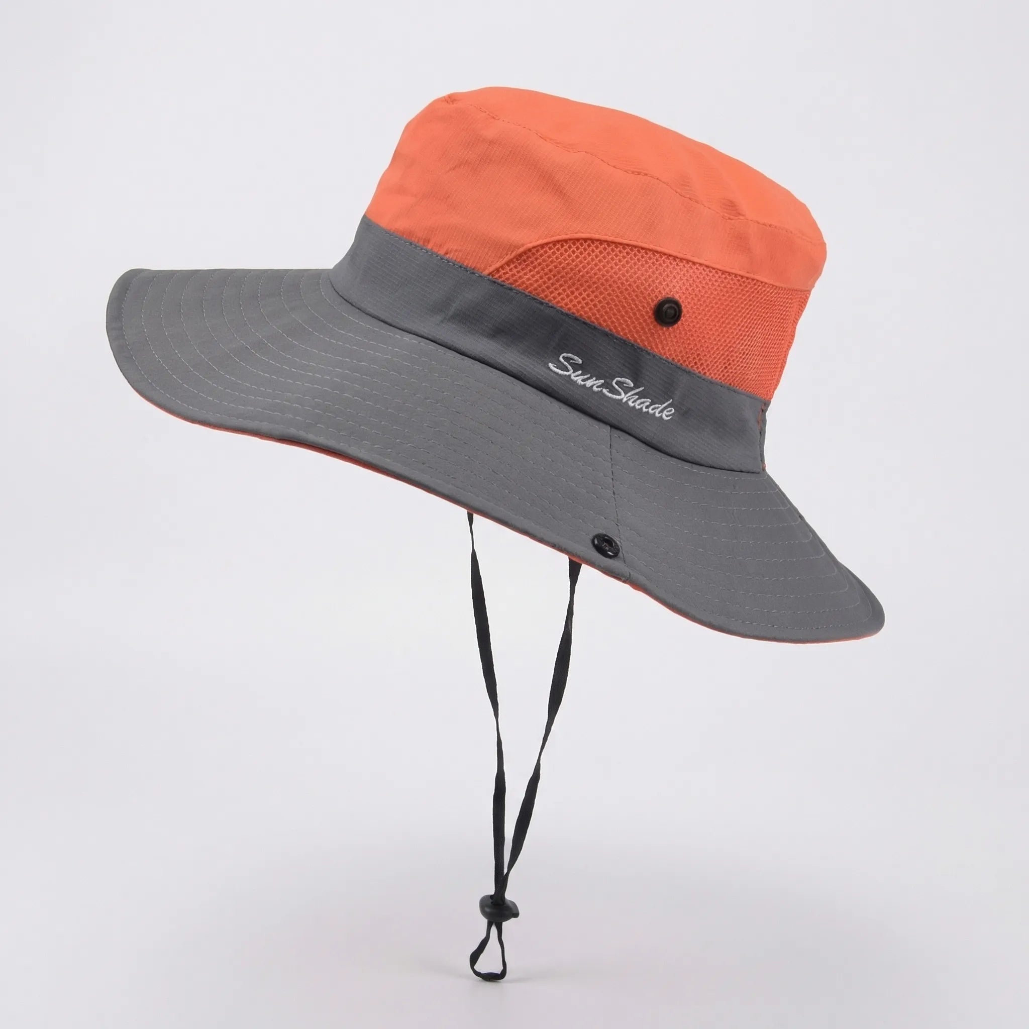 Wide-brim foldable sun hat with mesh panels and adjustable chin cord