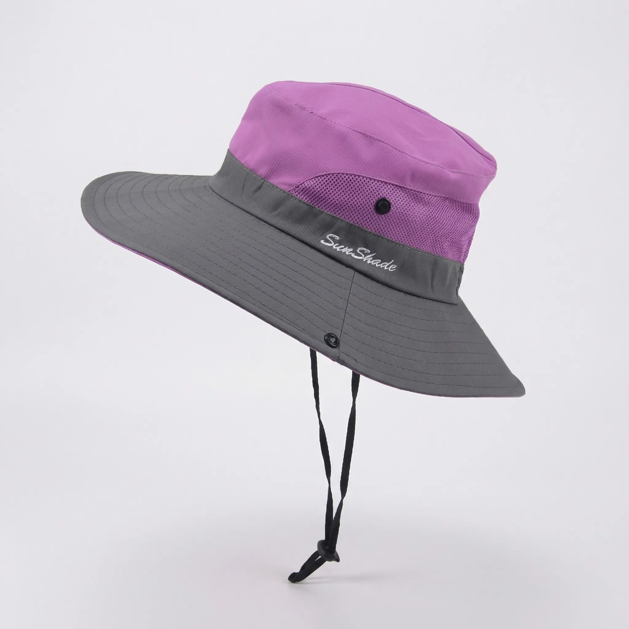Wide-brim foldable sun hat with mesh panels and adjustable chin cord