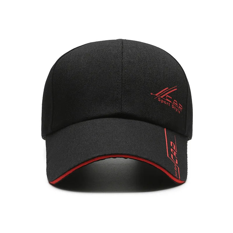Long brim baseball cap with adjustable fit and sporty graphic detailing