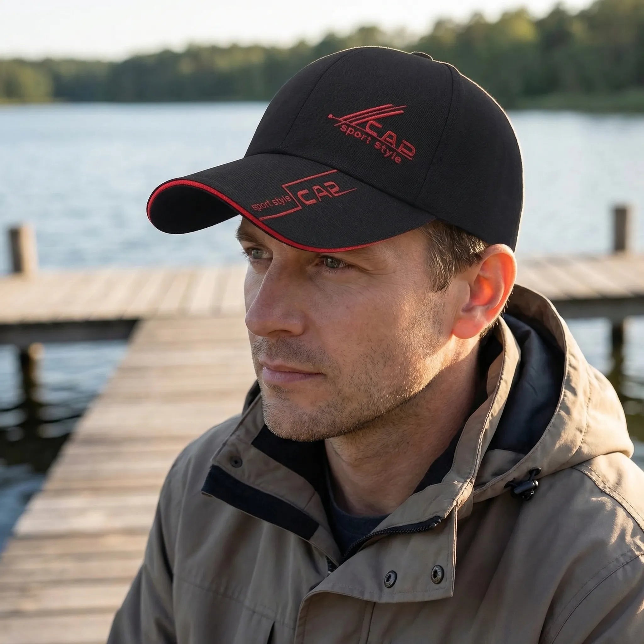 Long brim baseball cap with adjustable fit and sporty graphic detailing