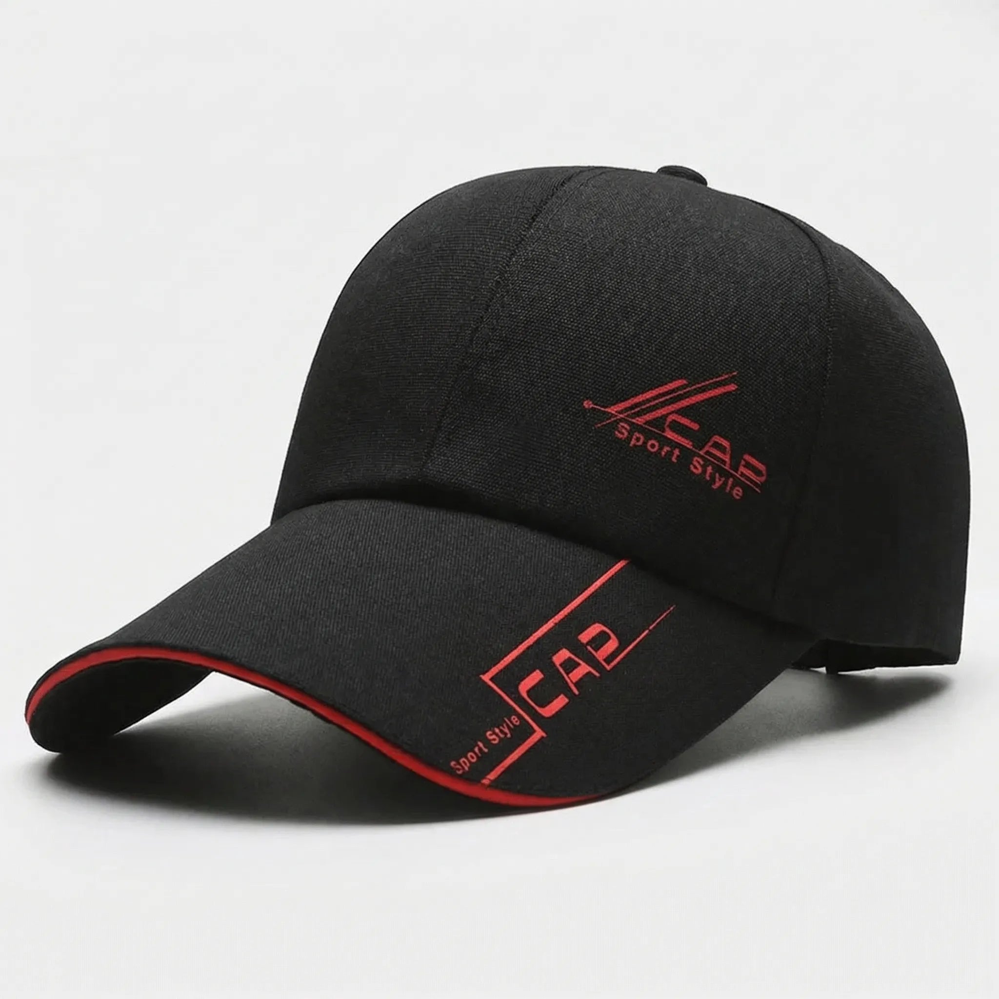 Long brim baseball cap with adjustable fit and sporty graphic detailing
