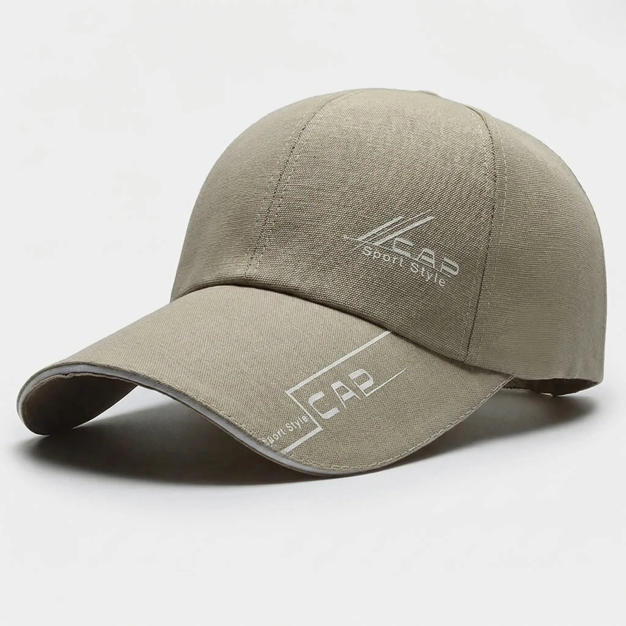 Long brim baseball cap with adjustable fit and sporty graphic detailing