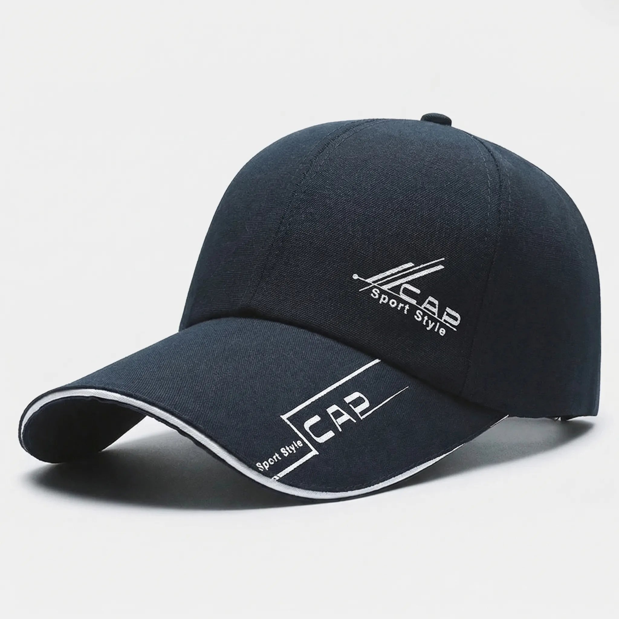 Long brim baseball cap with adjustable fit and sporty graphic detailing