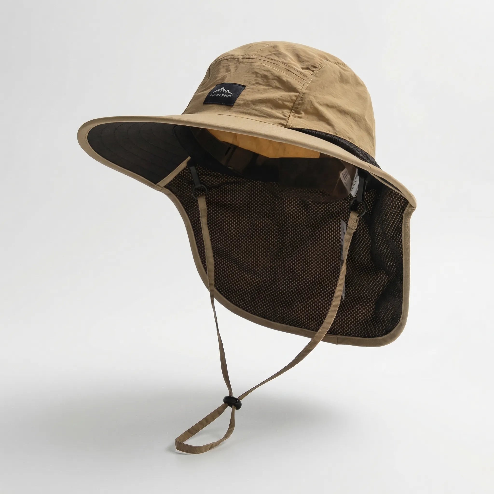 Wide-brim fisherman's hat with attached neck flap and breathable mesh panel