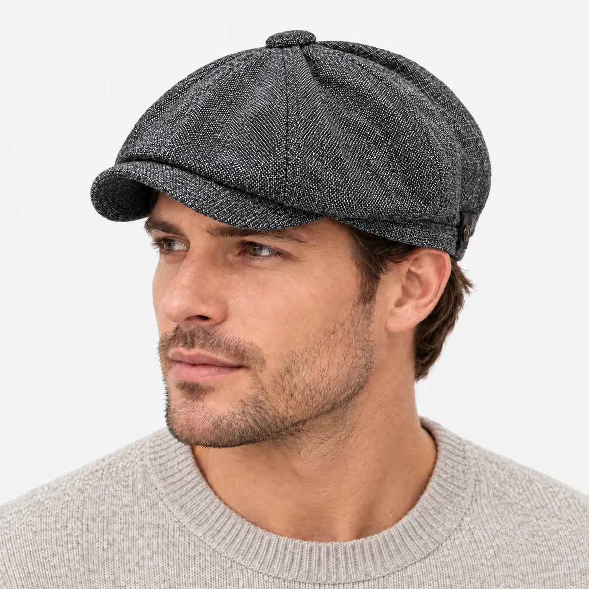 Eight-panel driver's cap with herringbone pattern and short bill