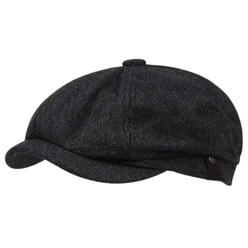 Eight-panel driver's cap with herringbone pattern and short bill