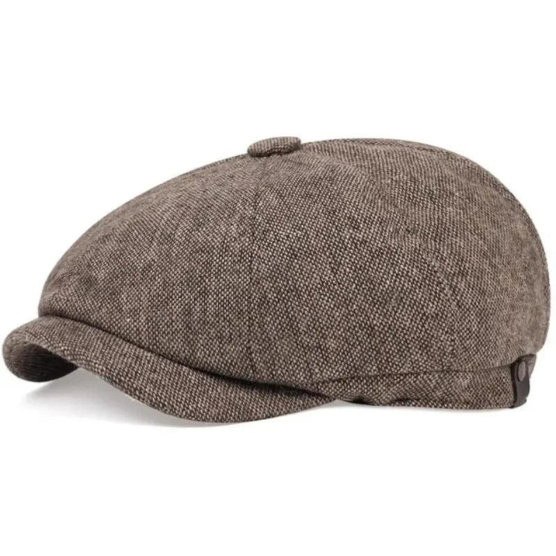 Eight-panel driver's cap with herringbone pattern and short bill