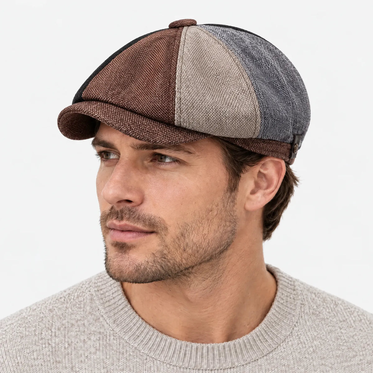 Eight-panel driver's cap with herringbone pattern and short bill