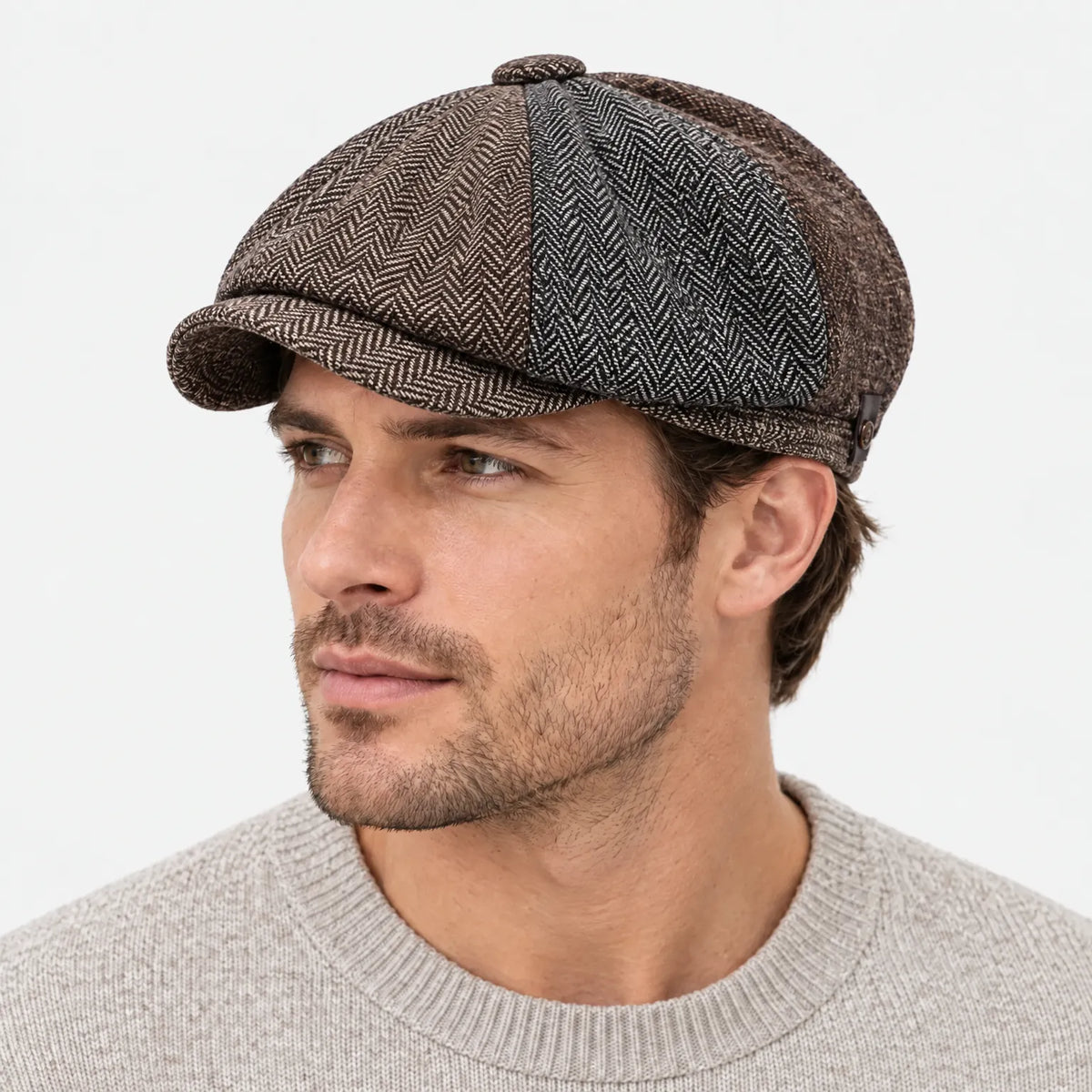 Eight-panel driver's cap with herringbone pattern and short bill