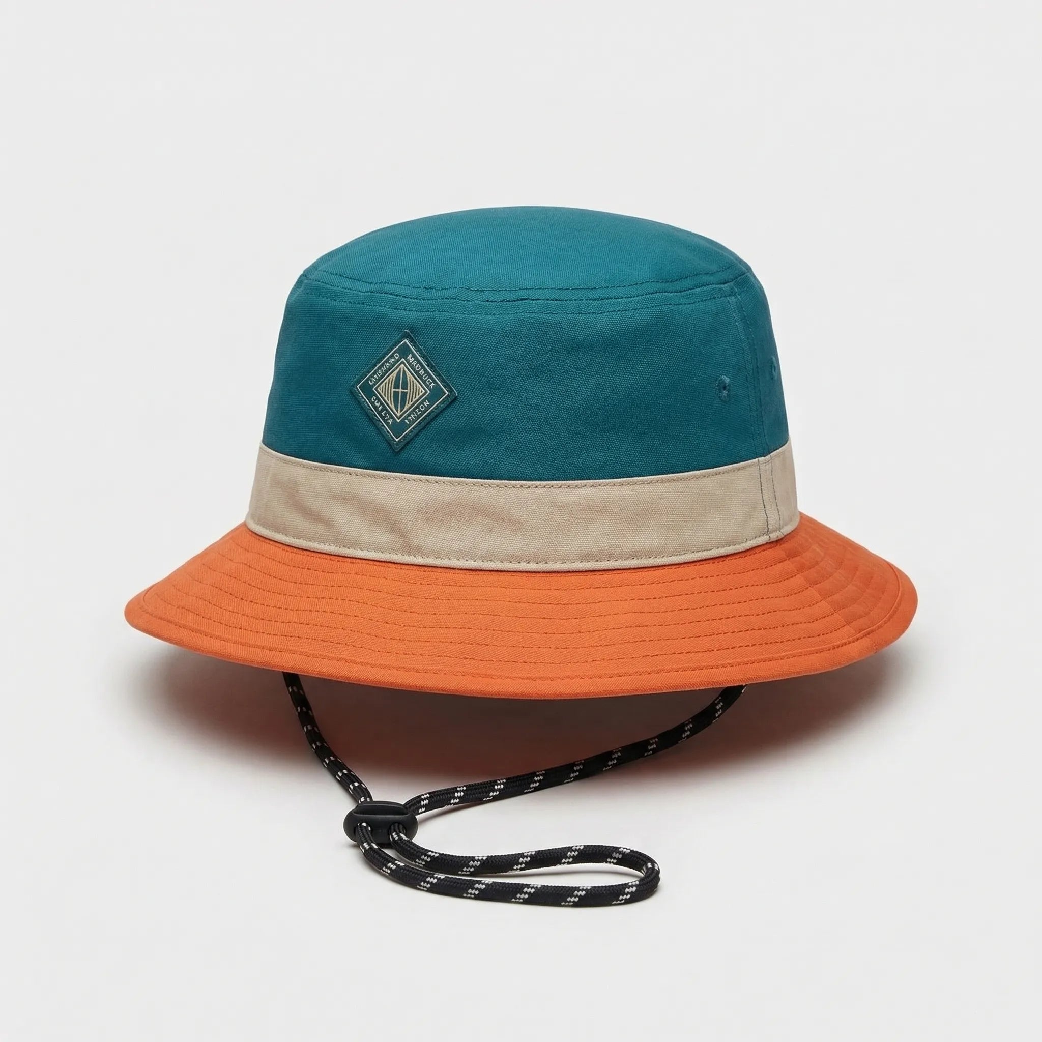 Color-block bucket hat with quick-dry fabric and adjustable chin cord