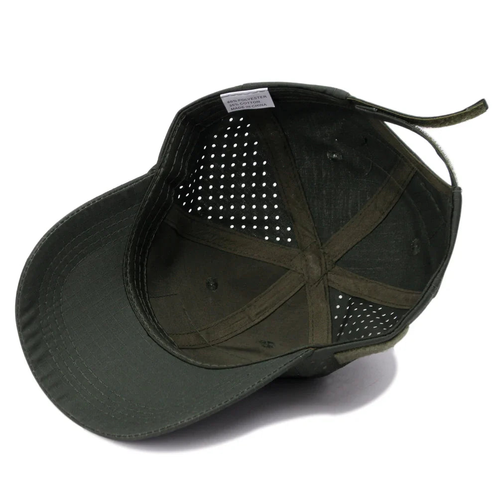 Men's camouflage baseball cap with breathable mesh construction and adjustable strap