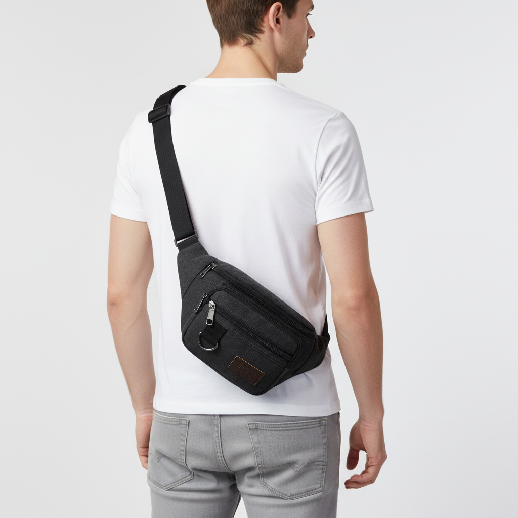 Canvas waist bag with adjustable strap and multiple zip compartments