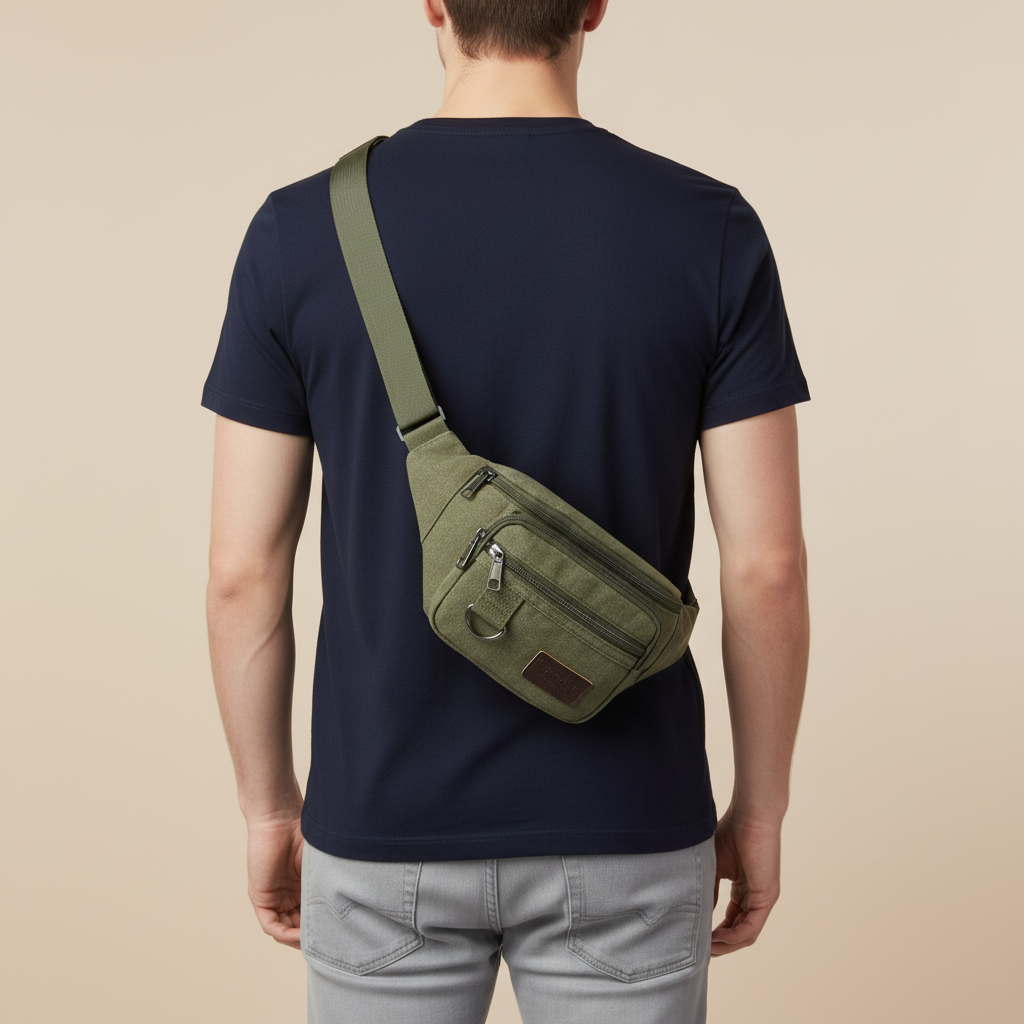 Canvas waist bag with adjustable strap and multiple zip compartments