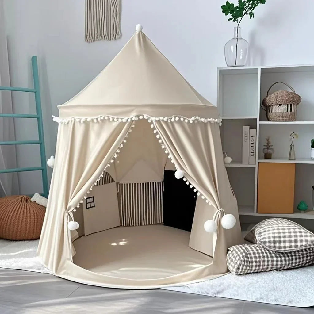 Foldable kids play tent castle design with padded floor and curtain entrance