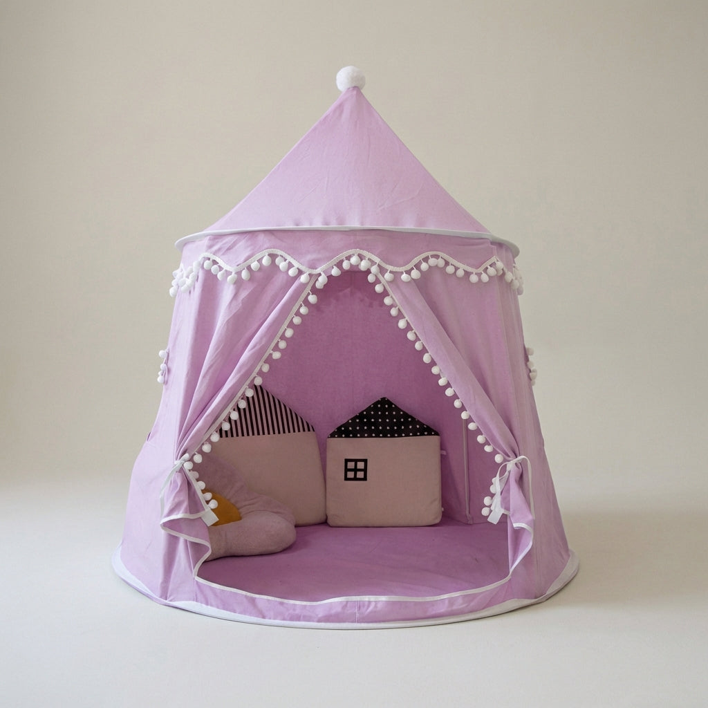 Foldable kids play tent castle design with padded floor and curtain entrance