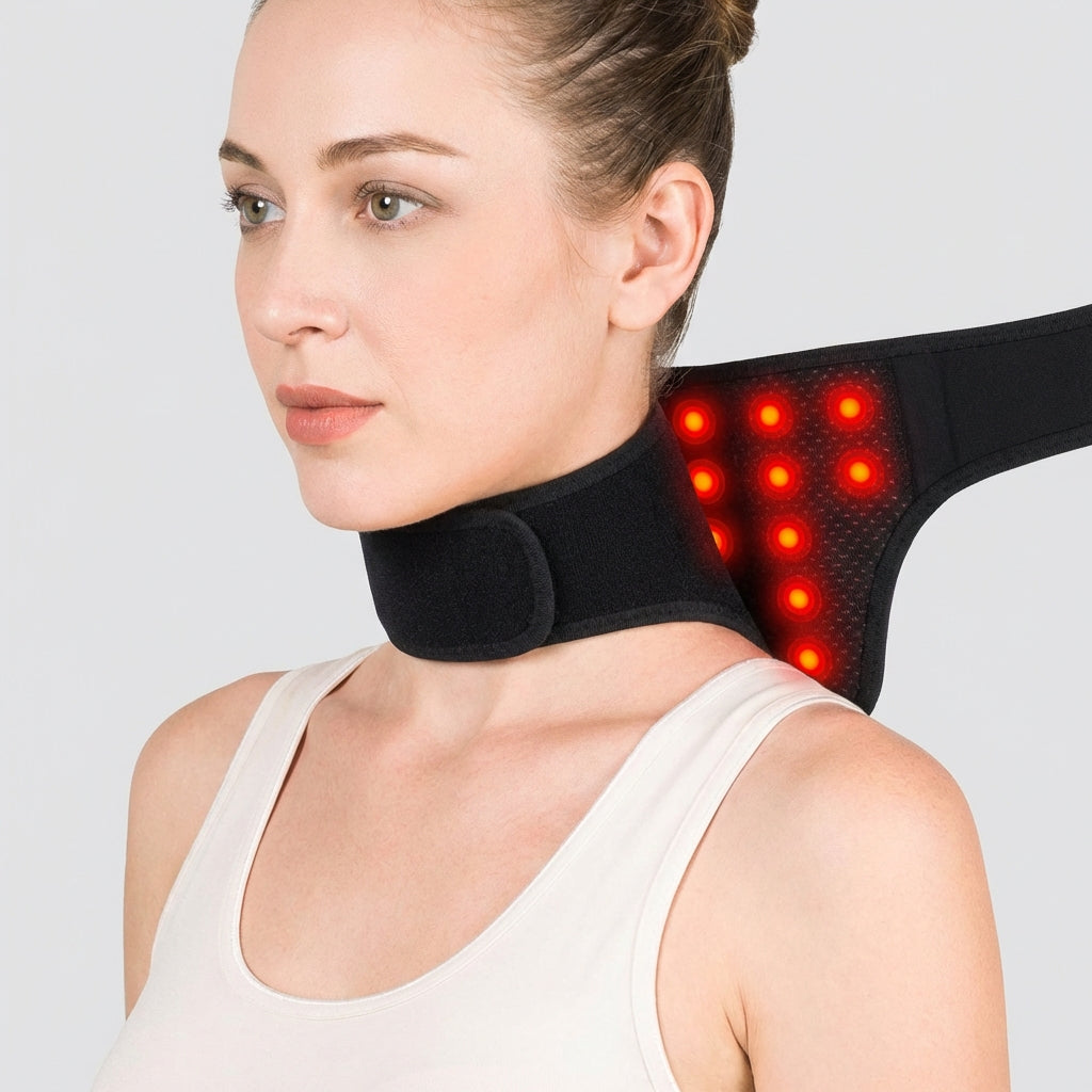 Self-heating neck support with magnets for pain relief