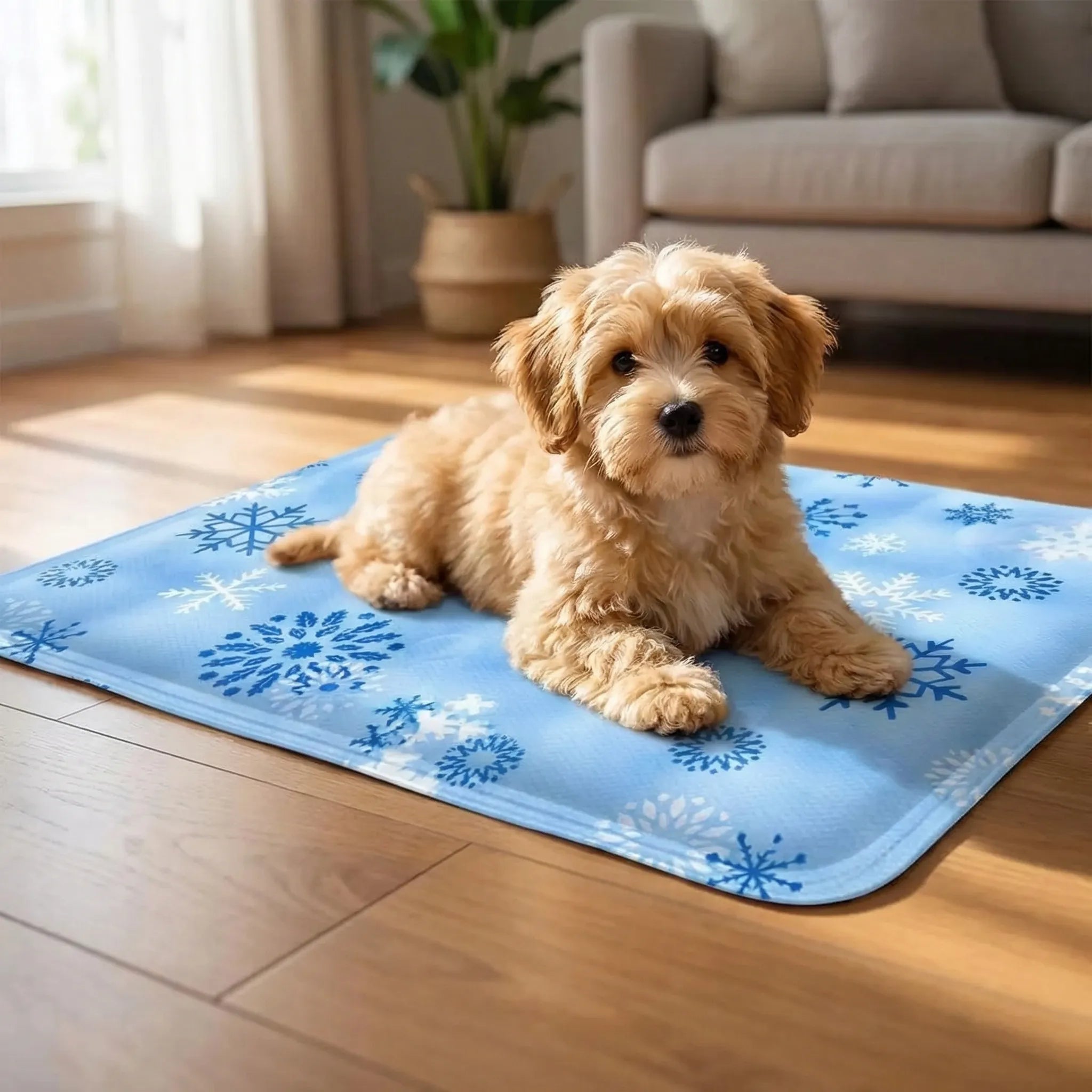 Water-filled cooling mat for dogs and cats with snowflake print design