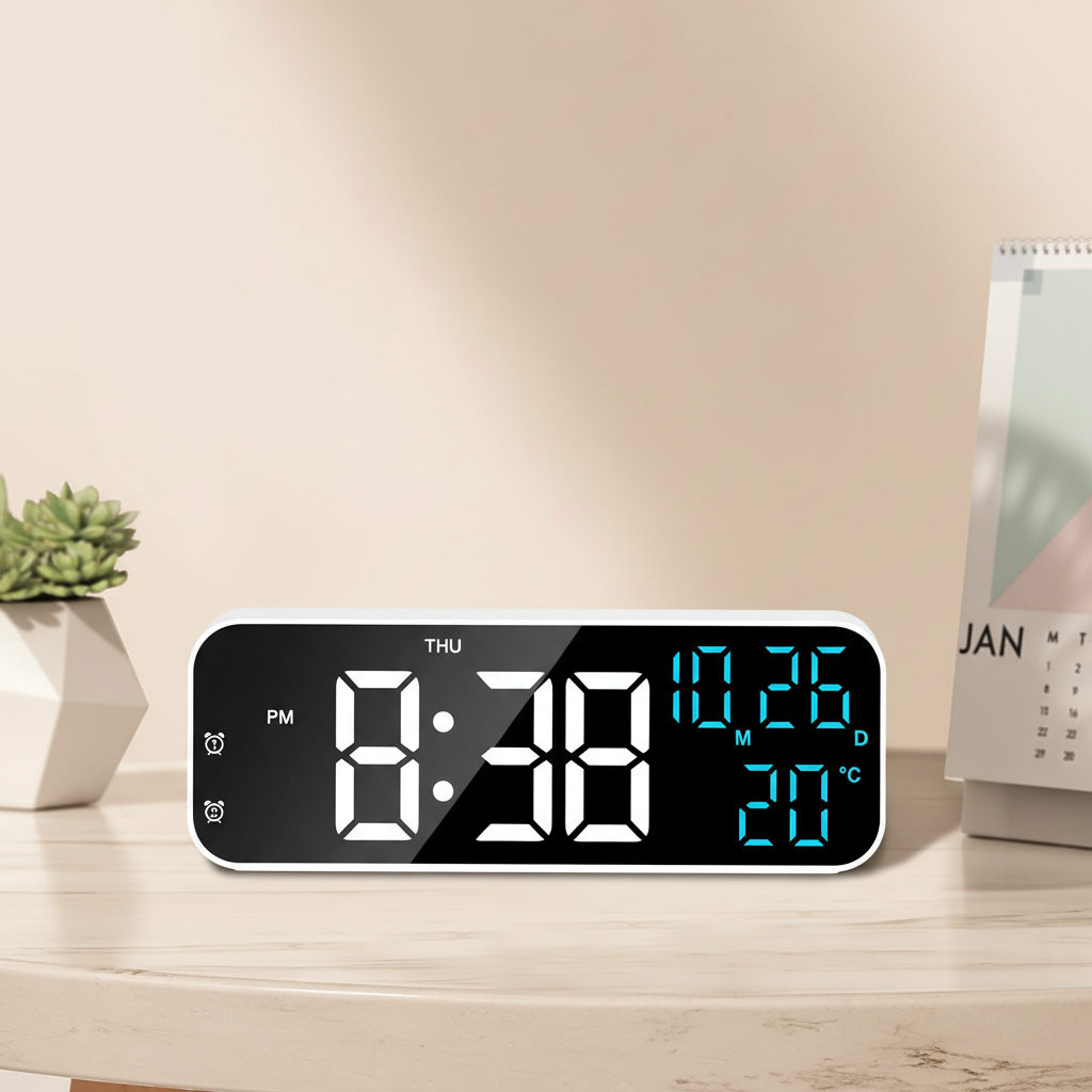 Digital alarm clock with LED display showing time, temperature, and date readout
