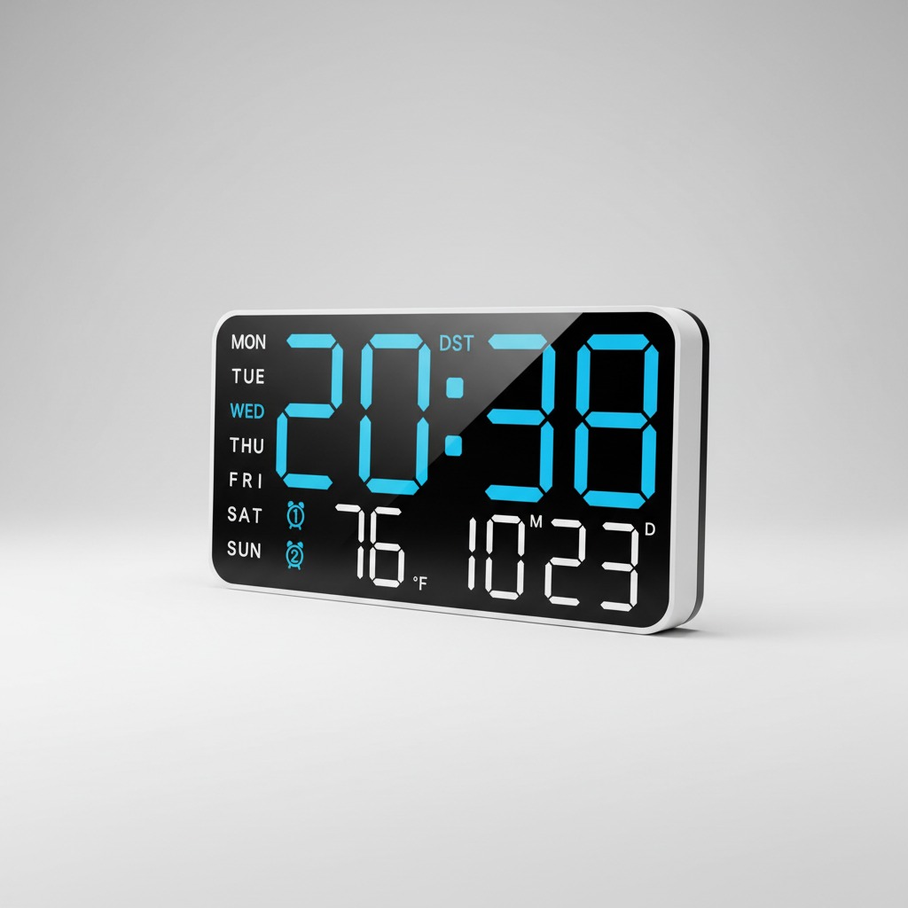 Digital alarm clock with large LED display showing time temperature and date