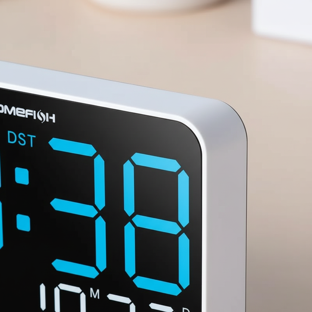 Digital alarm clock with large LED display showing time temperature and date