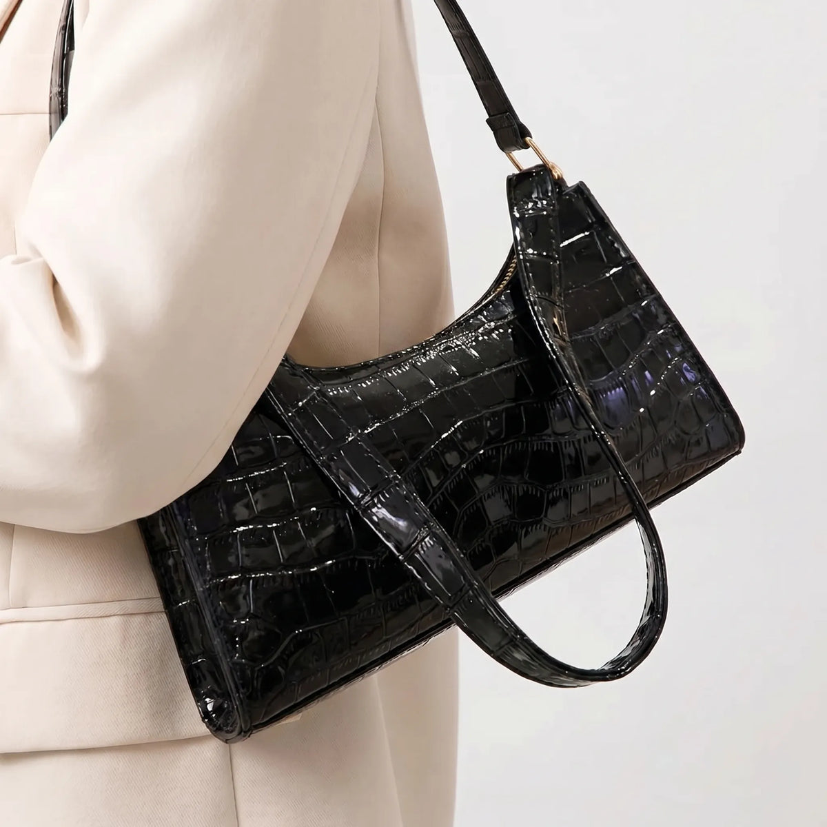 Shoulder bags croc embossed baguette bag with gold-tone hardware