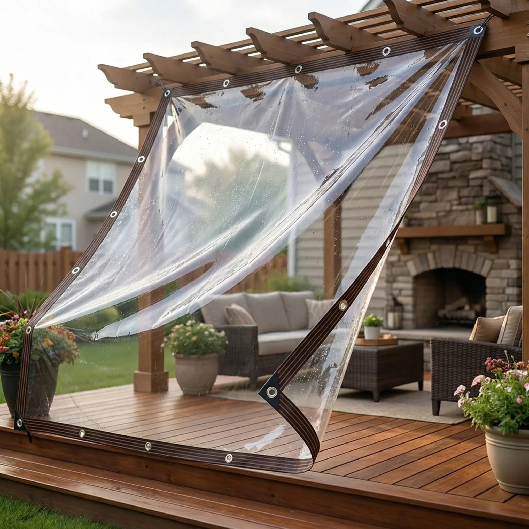 Transparent weather shield with clear light transmission and reinforced eyelets