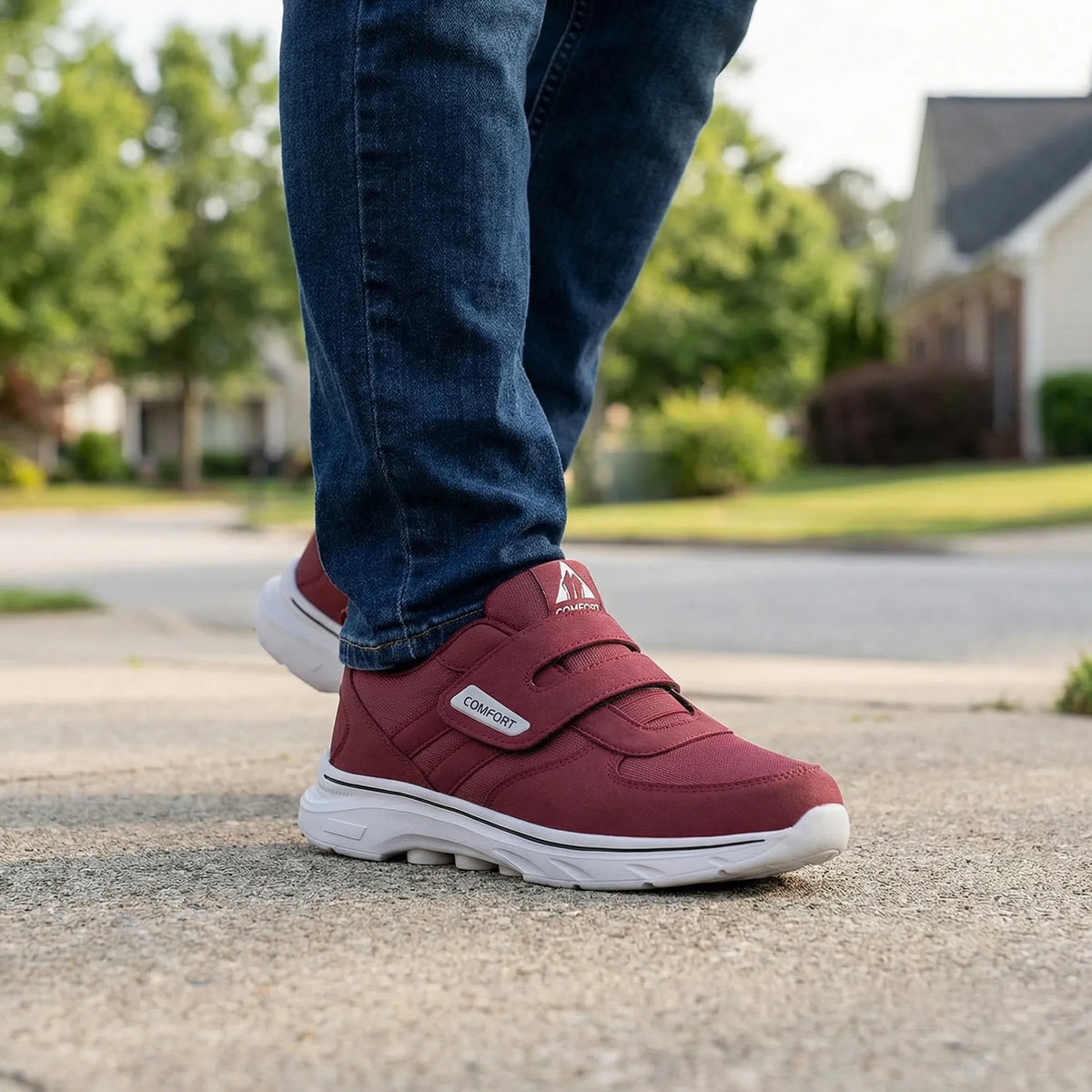 Orthopedic wide-fit walking sneaker with cushioned sole and hook-and-loop strap