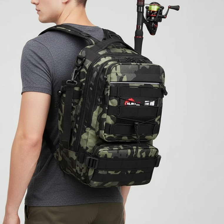Tactical fishing backpack with rod holder and padded shoulder straps