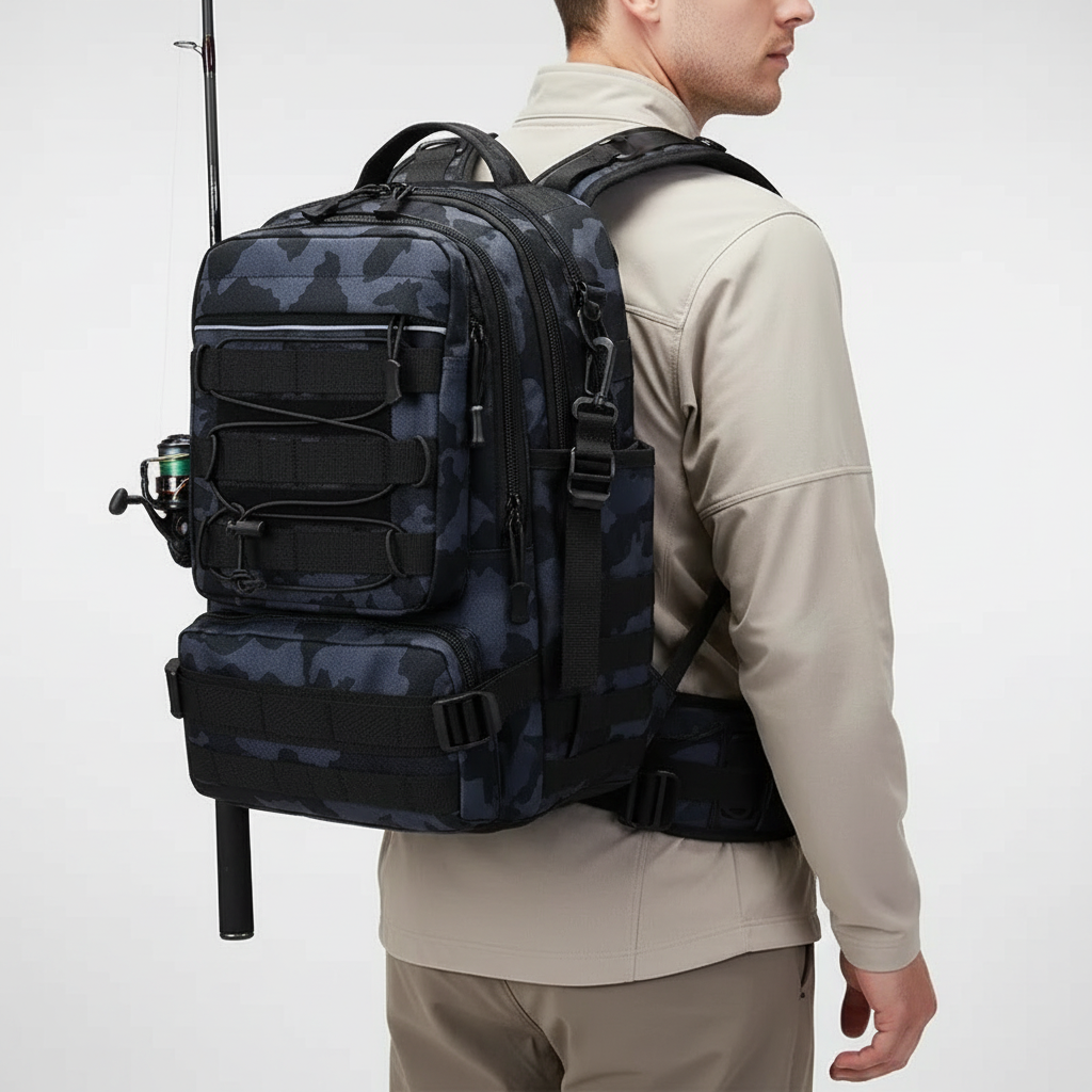 Tactical fishing backpack with rod holder and padded shoulder straps