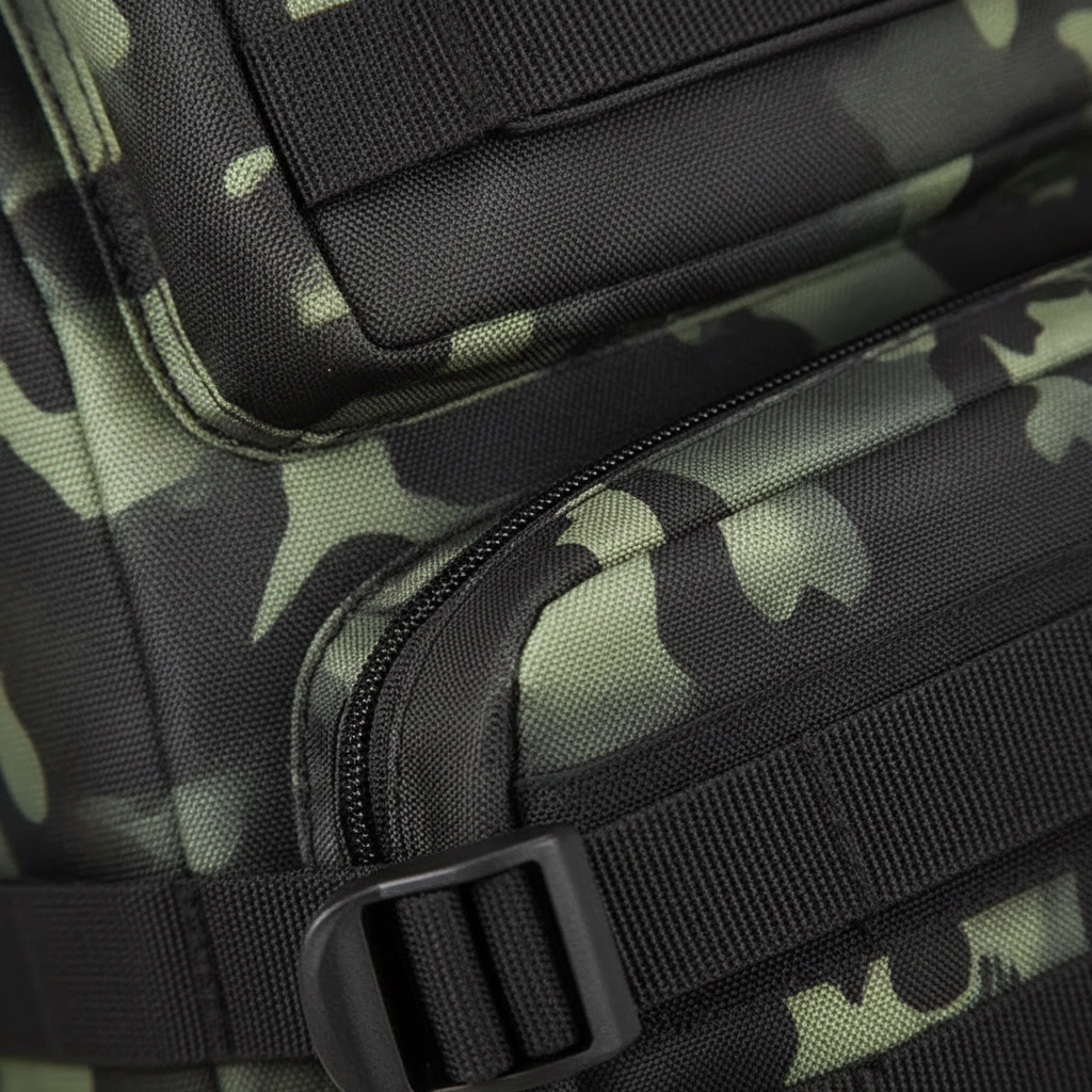 Tactical fishing backpack with rod holder and padded shoulder straps