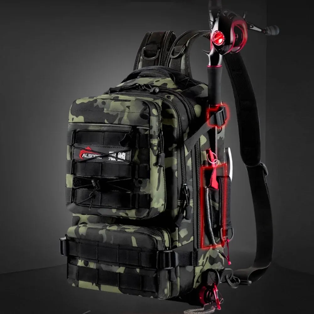 Tactical fishing backpack with rod holder and padded shoulder straps